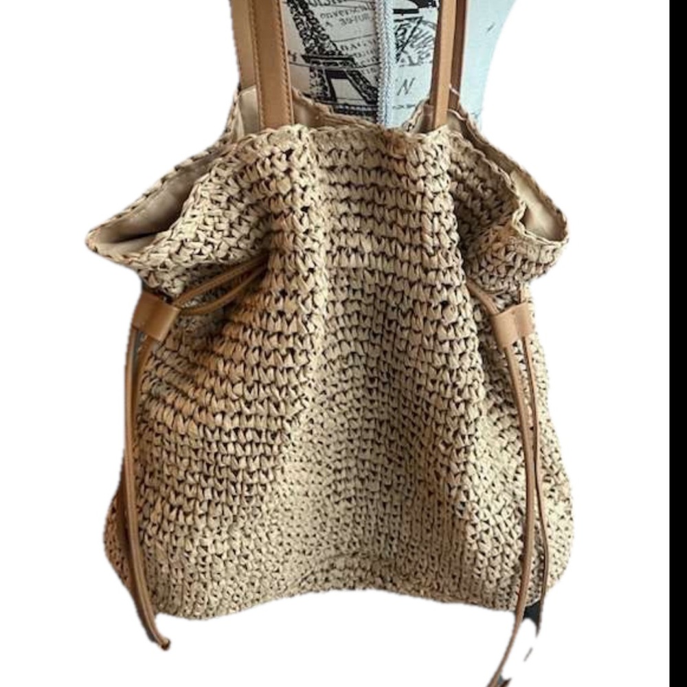 Elena Handbags Retro Straw Woven Tote Bag Faux Leather Straps Drawstring Closure